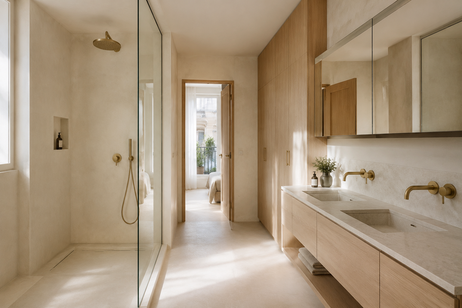 Baño completo con ducha, doble lavabo y armarios