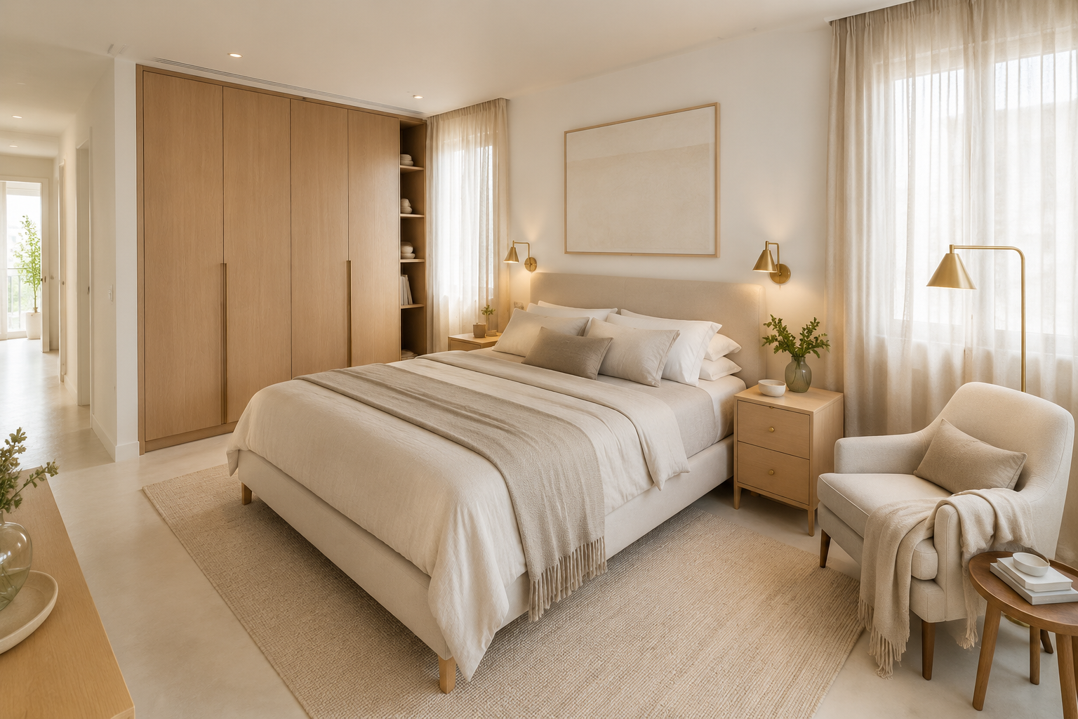 Dormitorio completo con armarios y rincón de lectura