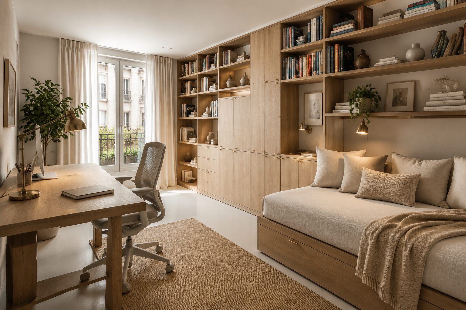 Estudio flexible con biblioteca, escritorio y cama auxiliar