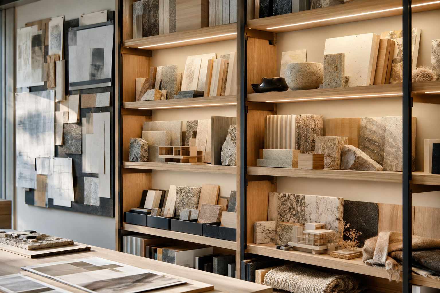 Detalle de estantería con muestras y maquetas