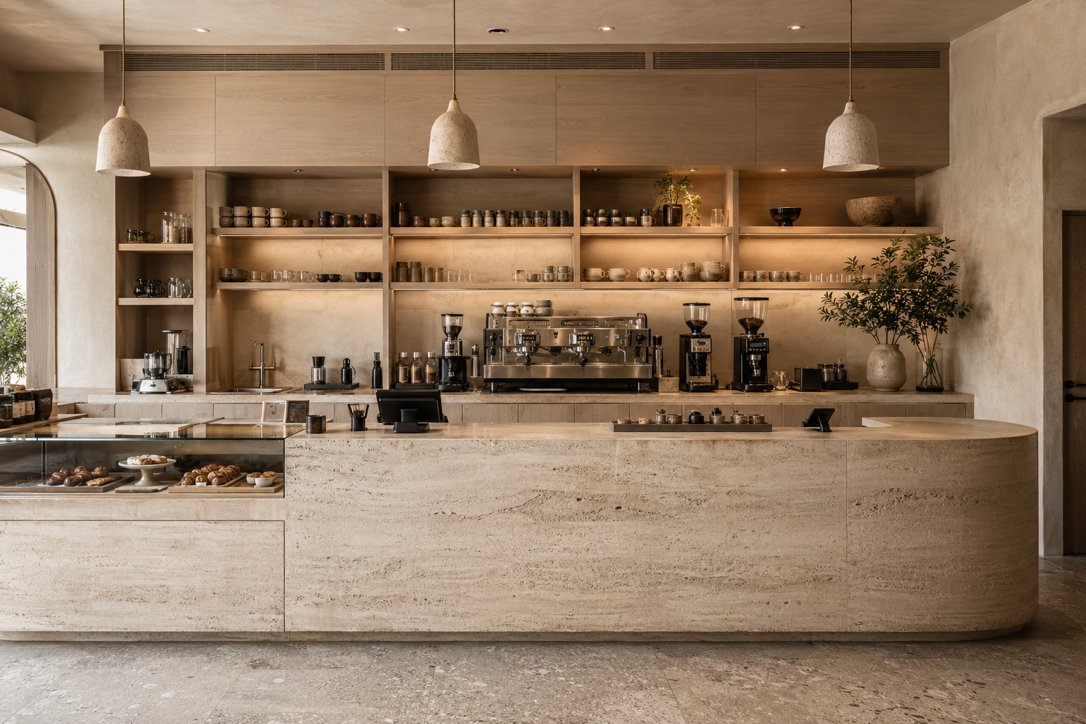 Barra profesional completa con cafetera, vitrina y almacenaje