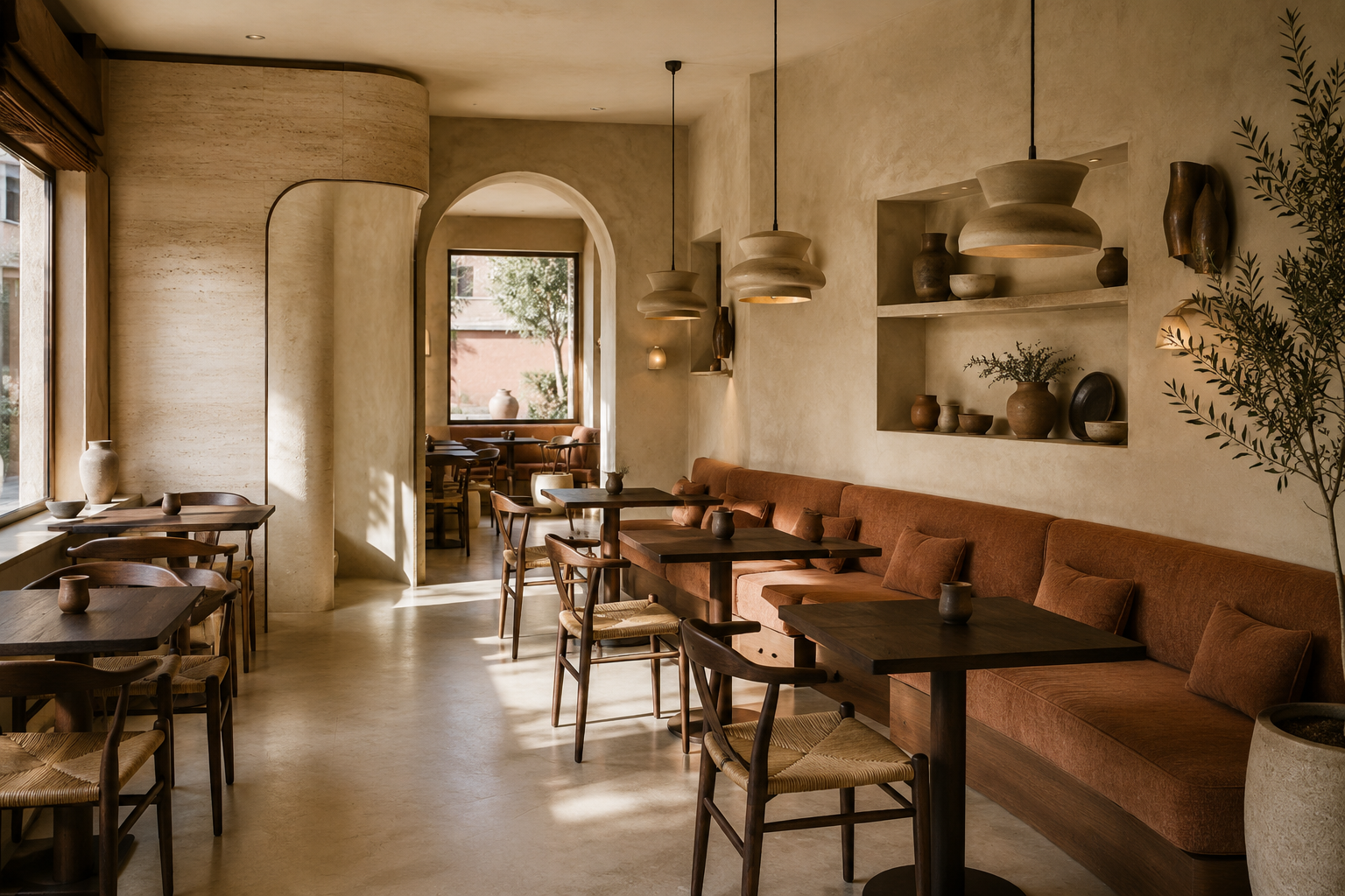 Sala de Café Umbral con banco corrido y mesas de diferentes tamaños