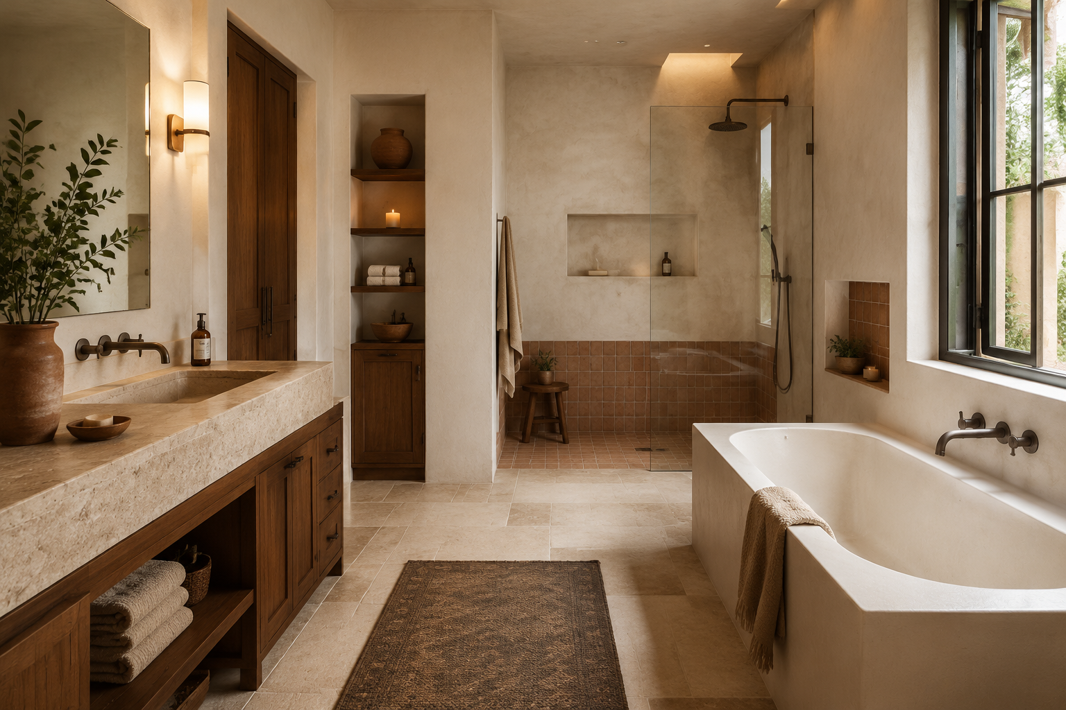 Baño mediterráneo completo con ducha, bañera y almacenaje
