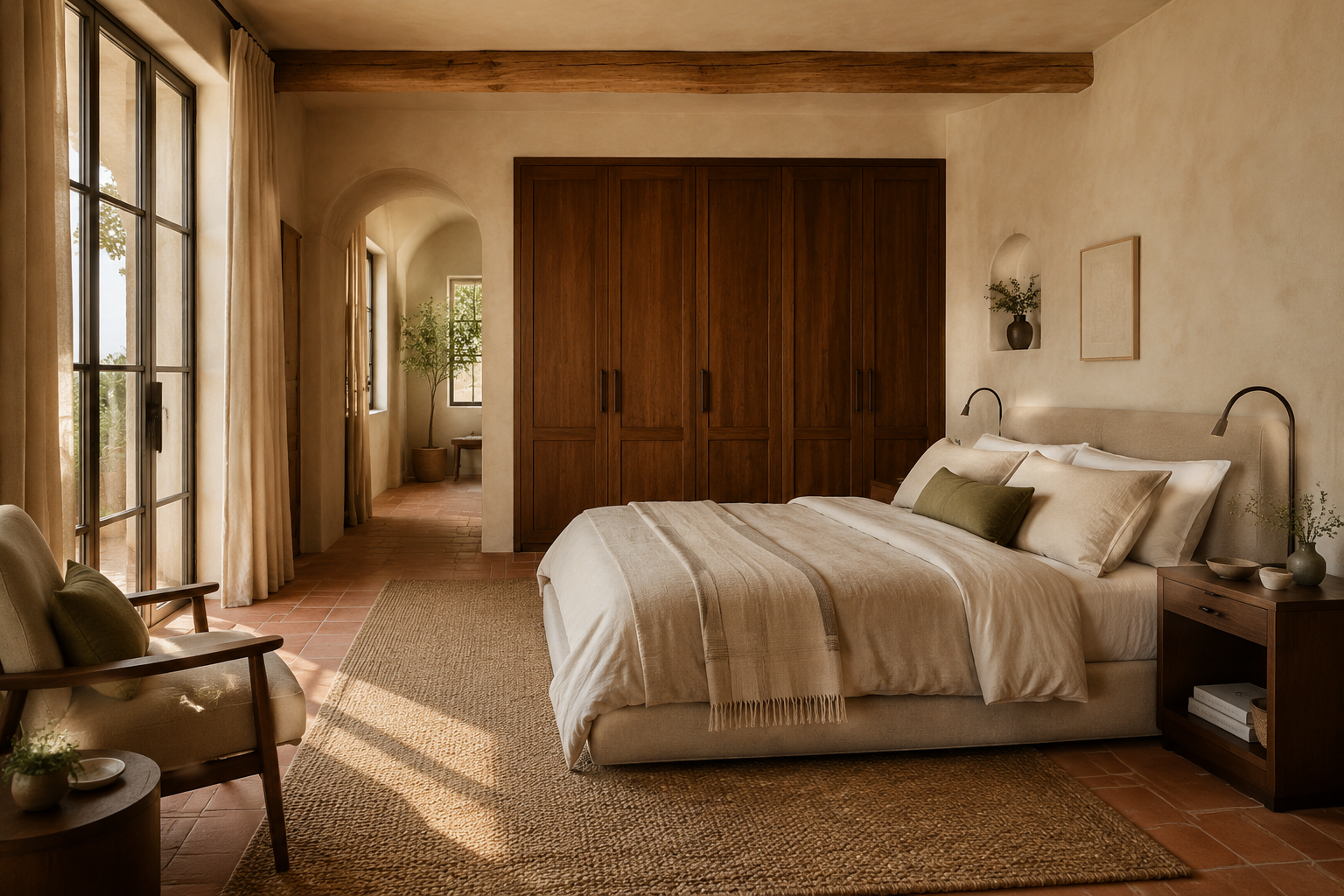 Dormitorio completo con armarios de castaño y rincón de lectura