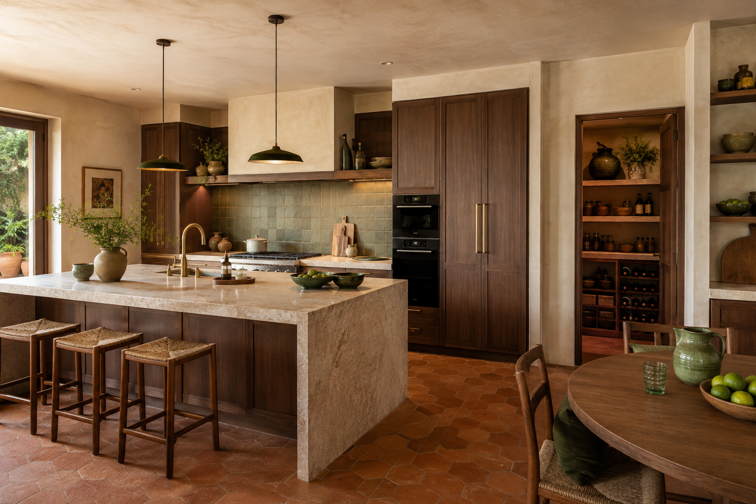 Cocina mediterránea completa con isla, despensa y mesa