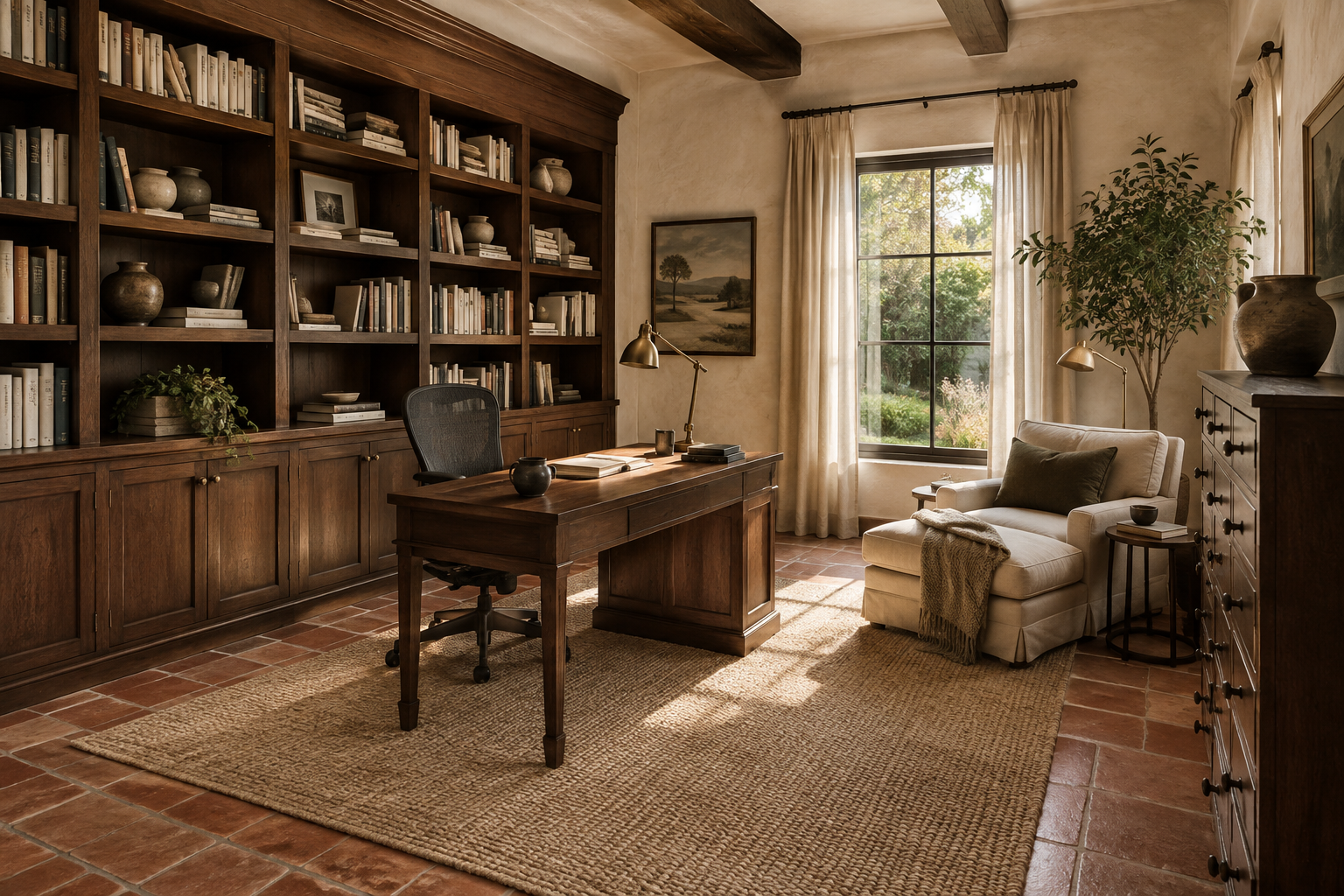 Estudio completo con biblioteca, escritorio y zona de lectura