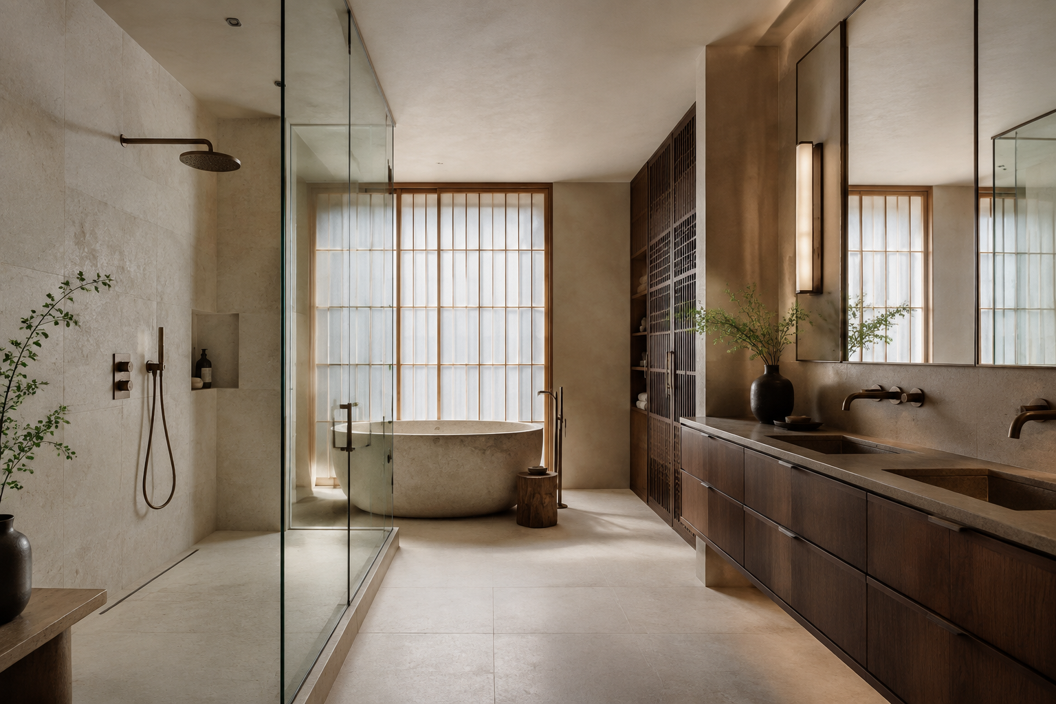 Baño completo con ducha, bañera de piedra y doble lavabo