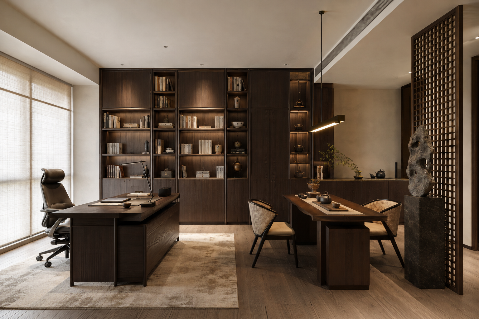 Estudio completo con biblioteca, escritorio y mesa de té