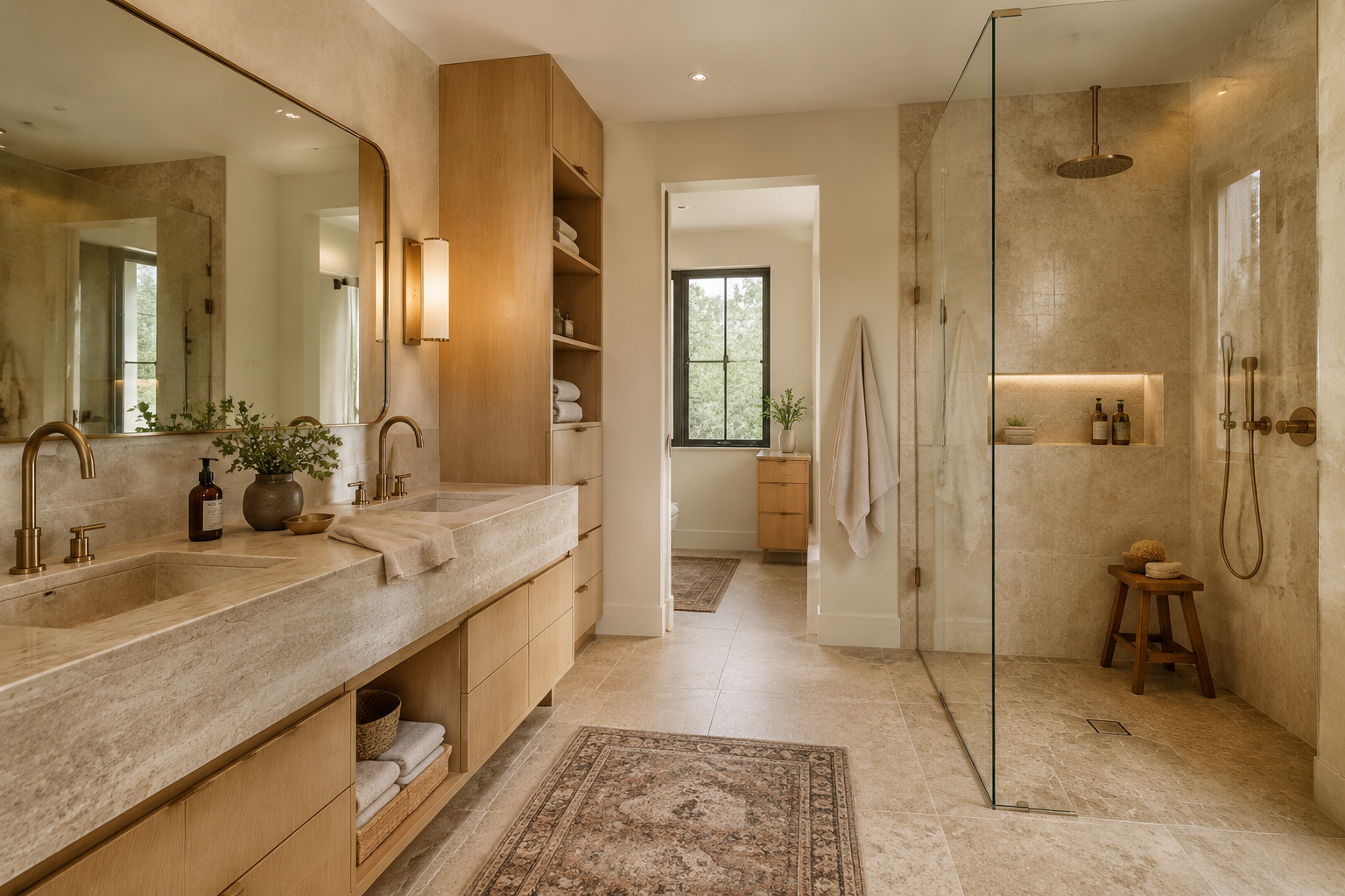 Baño completo con ducha, doble lavabo y almacenaje
