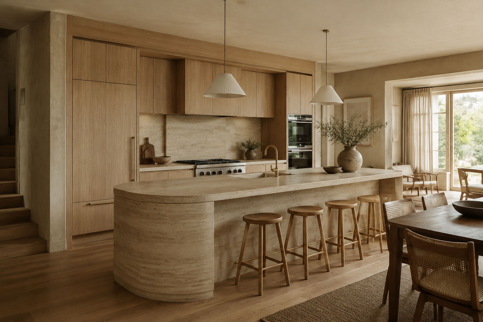 Cocina completa con isla de piedra y carpintería de roble