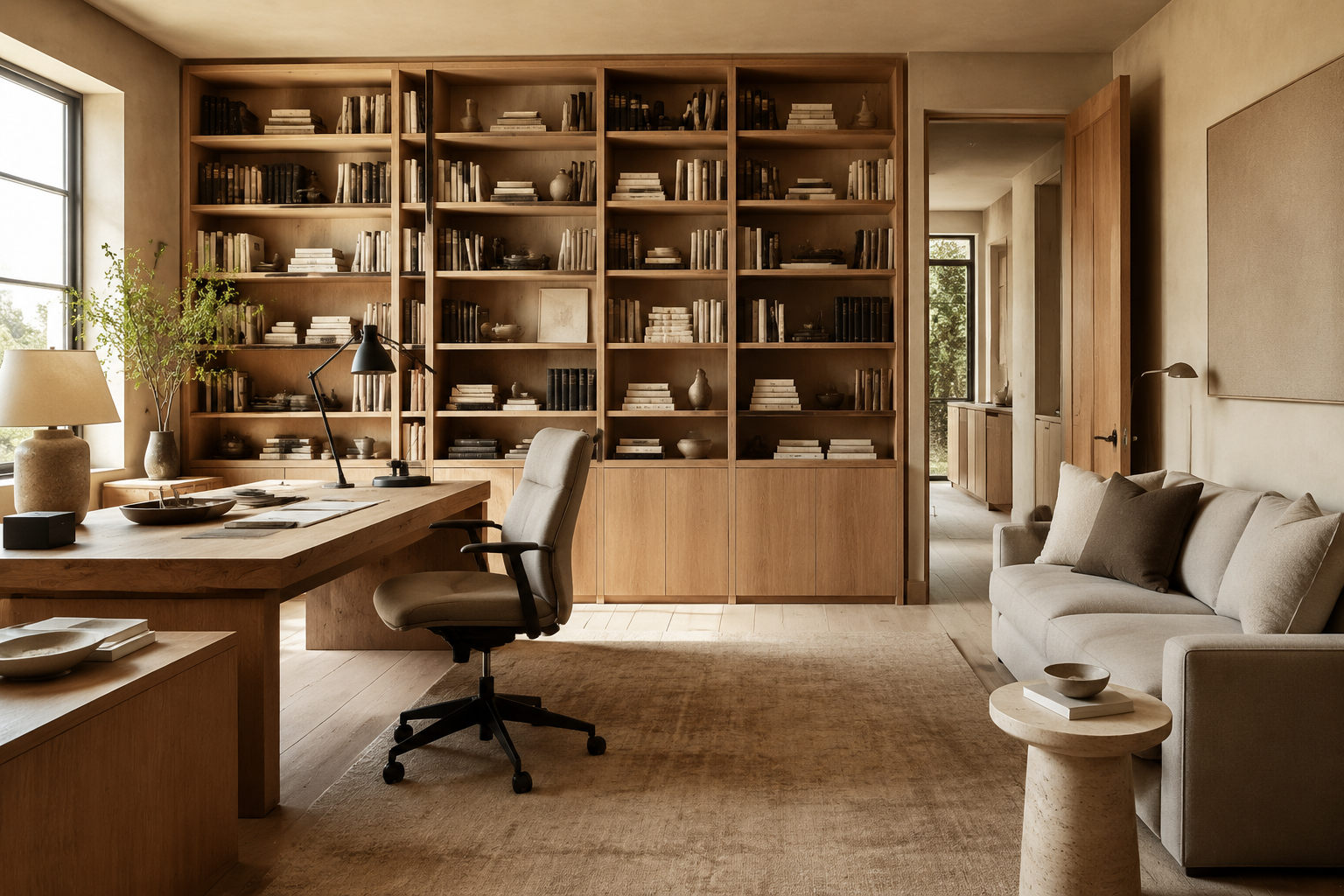 Estudio doméstico completo con biblioteca y escritorio