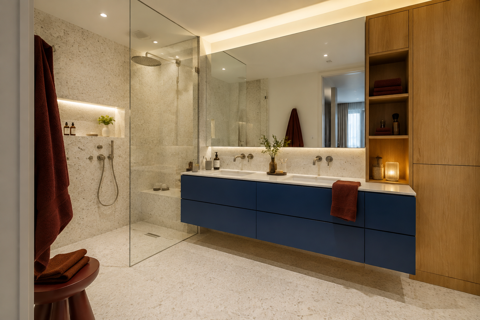 Baño completo con ducha, doble lavabo y almacenaje azul