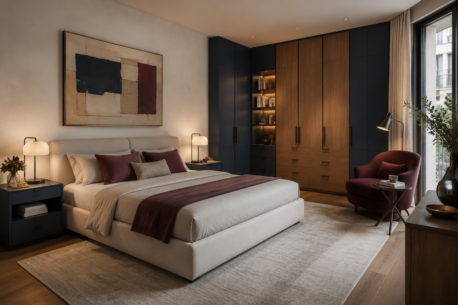Dormitorio completo con armarios, cama y rincón de lectura
