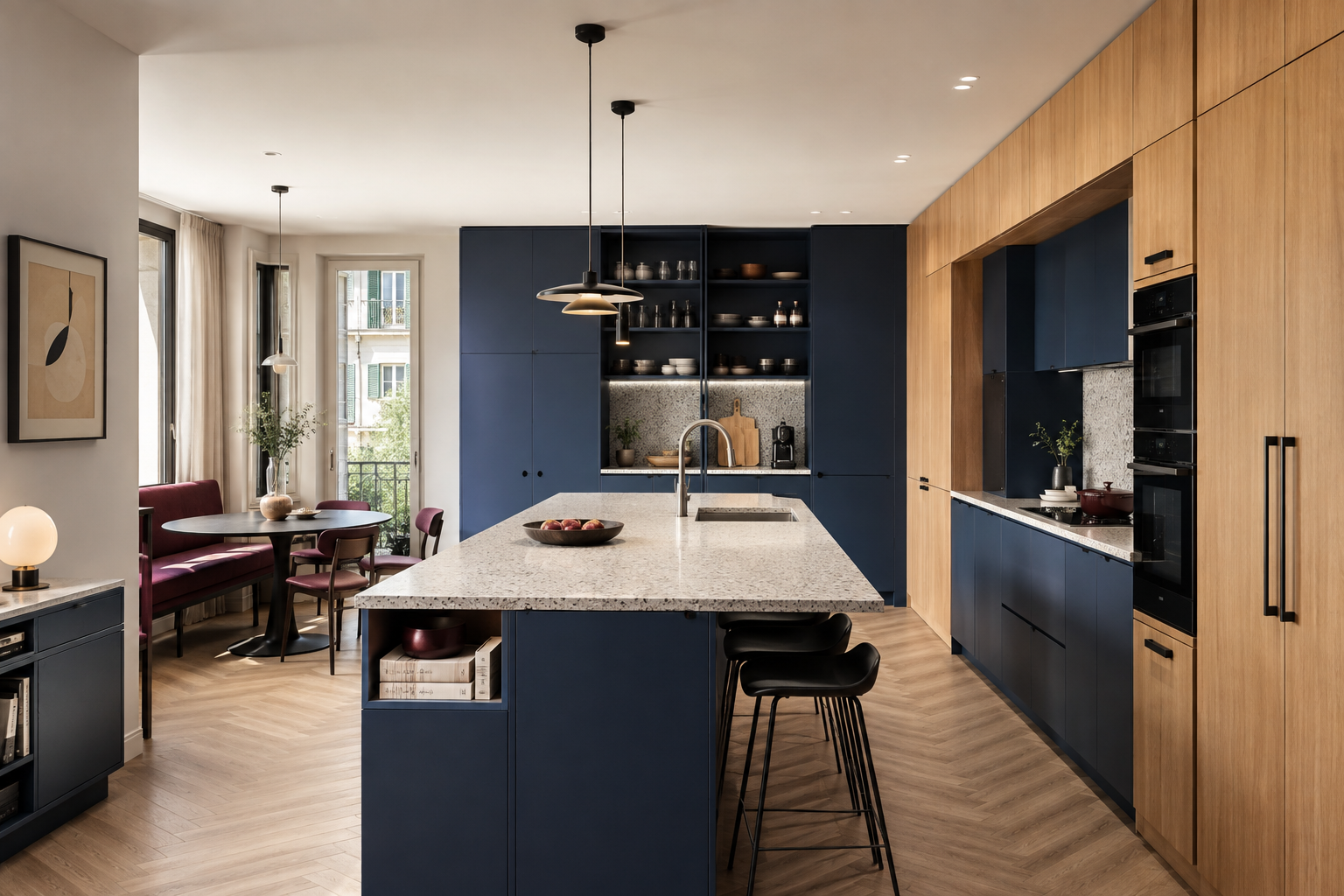 Cocina urbana completa con armarios azules, isla y despensa