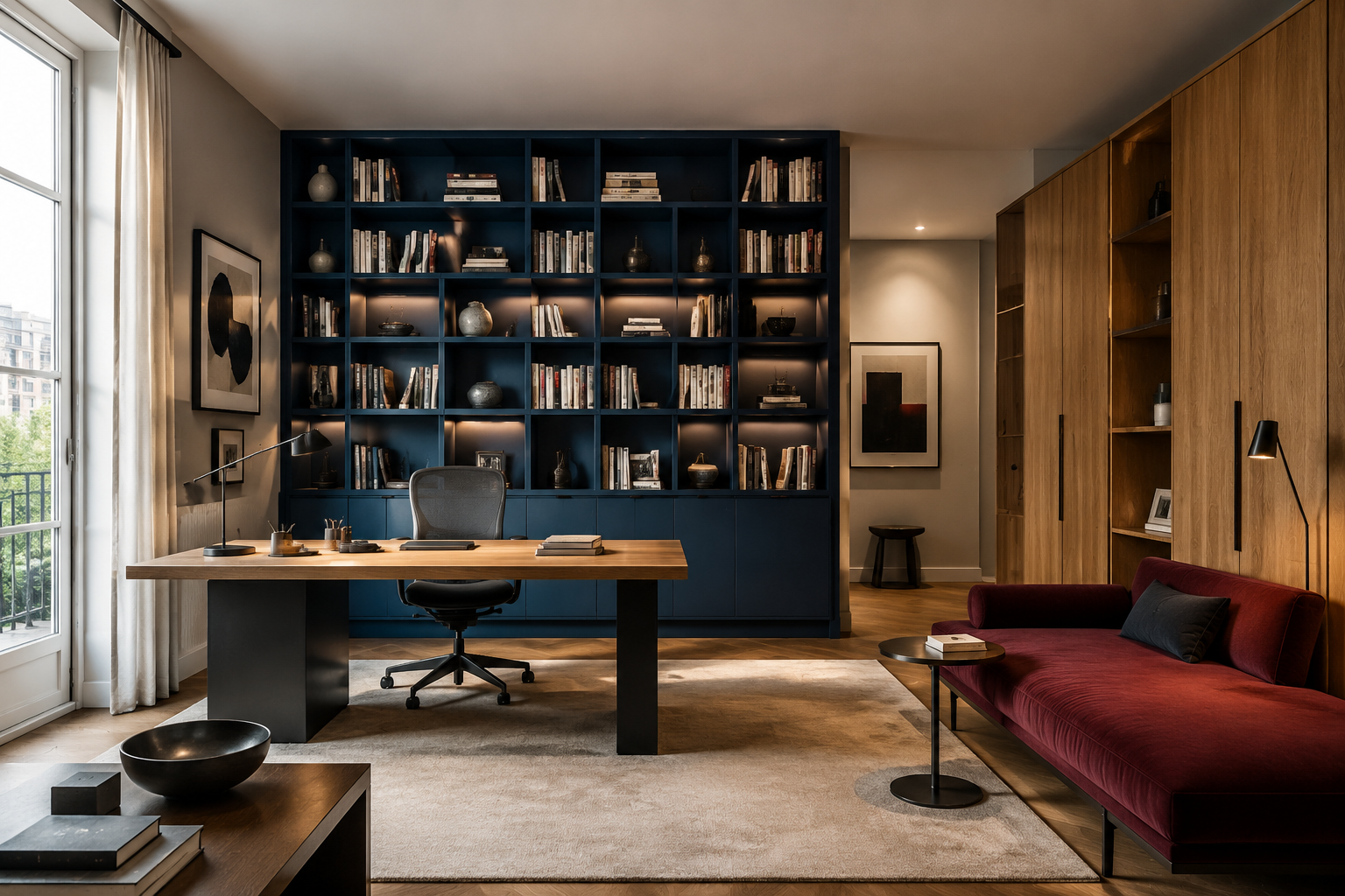 Estudio completo con biblioteca, escritorio y cama auxiliar